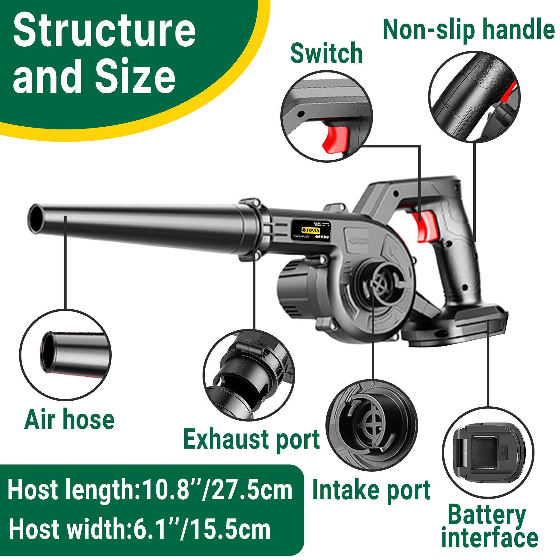 Soplador y soplador de aire de succión 2 en 1 de 21V, soplador eléctrico de hojas, barredor de polvo cepillado para el hogar, jardín, pelo de mascota para batería Makita de 18V