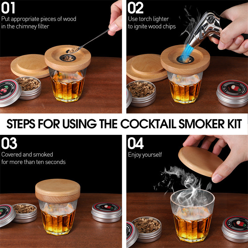 Elevate Your Cocktails,Whisky Smoker Kit with Torch & 6 Wood Chip Flavors,Infuse Whiskey, Bourbon & More (Butane Free)