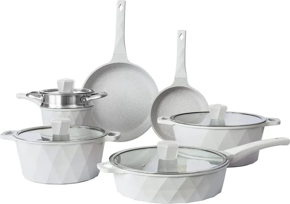 Country Kitchen Juegos de utensilios de cocina de inducción - 13 piezas de ollas y sartenes antiadherentes de aluminio fundido con asas de baquelita y tapas de vidrio (azul marino)