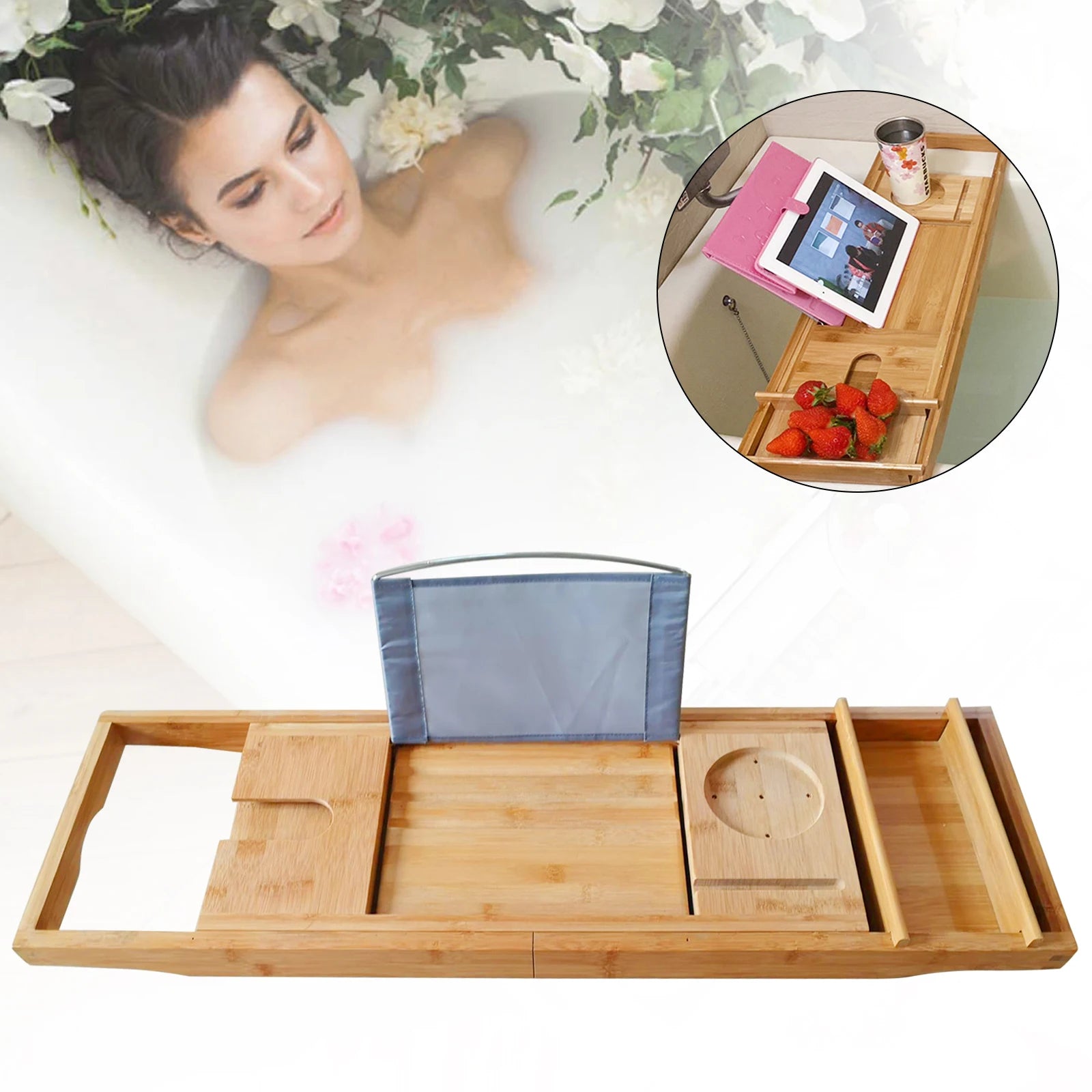 Wooden Bath Caddy Bath Board Shelf Tablet/Phone Red Wine Cup Slot Holder Tray For Home Decoration