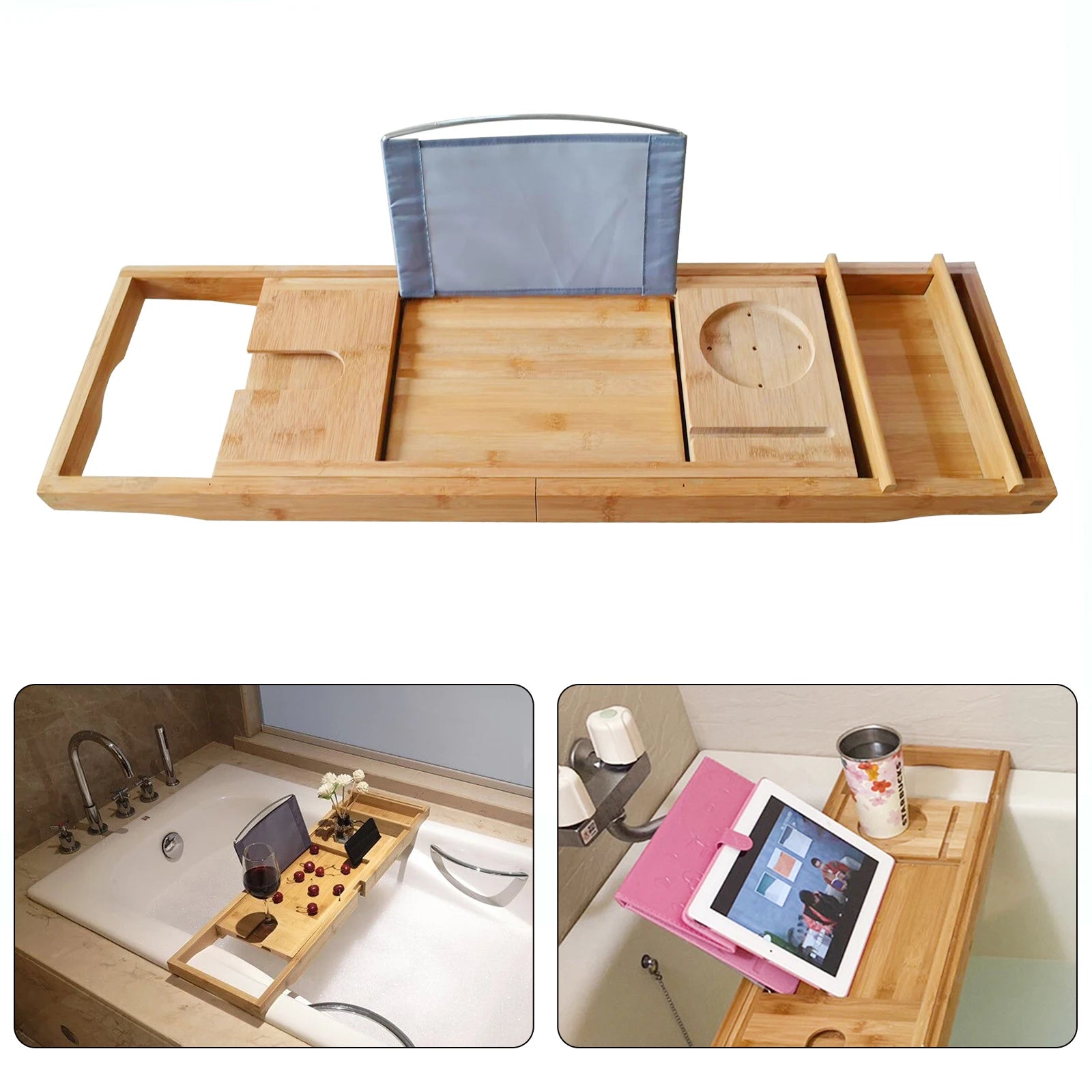 Wooden Bath Caddy Bath Board Shelf Tablet/Phone Red Wine Cup Slot Holder Tray For Home Decoration