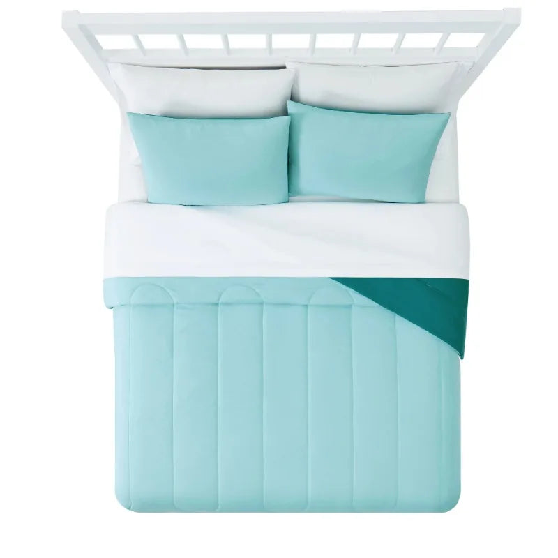 Teal Reversible 7-Piece Bed in a Bag Comforter Set with Sheets, Queen