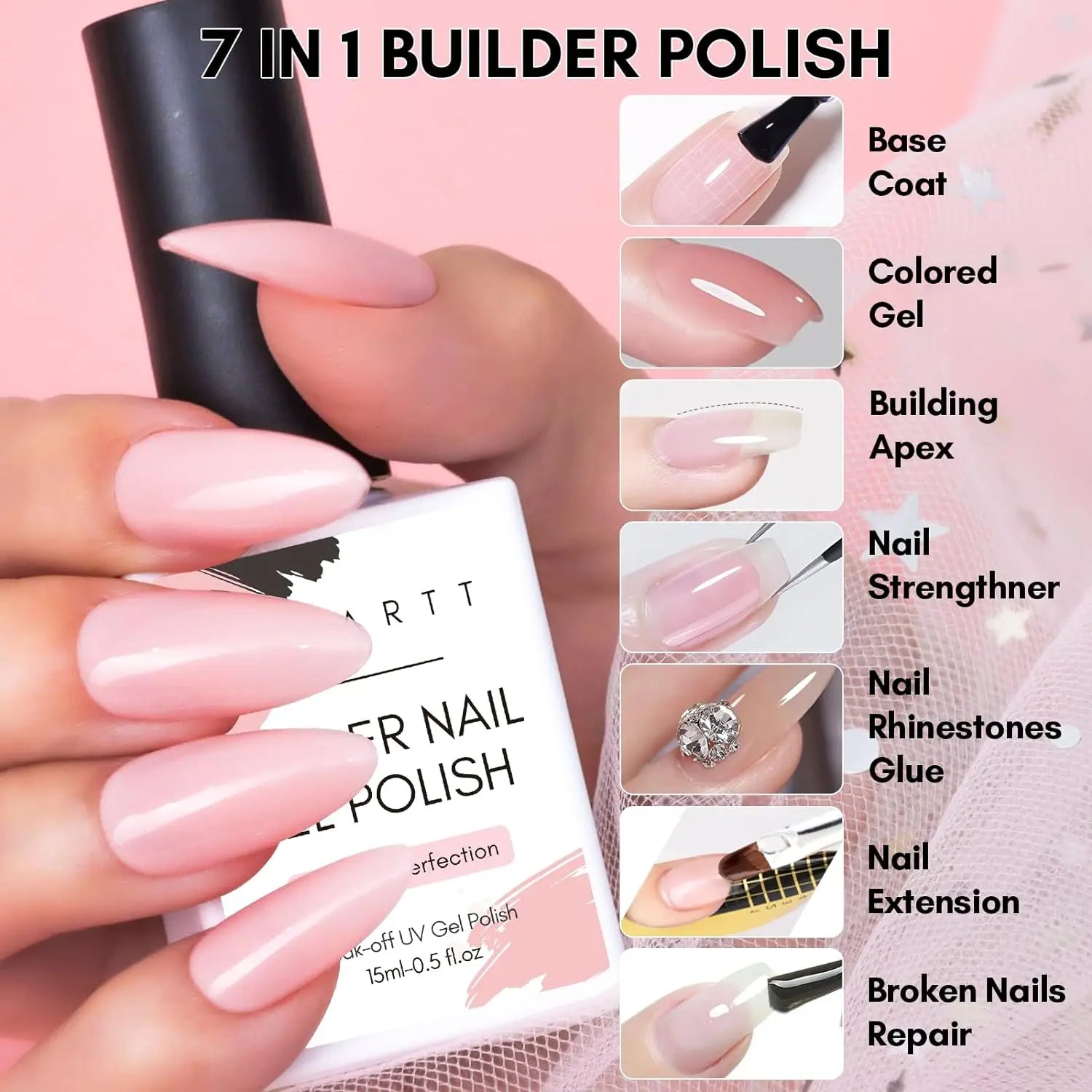 Makartt Builder Nail Gel Polish-15ML 7 in 1 Multifunctional for Apex Building,Coloring,Rubber Base Coat,Strengthener,Rhinestone