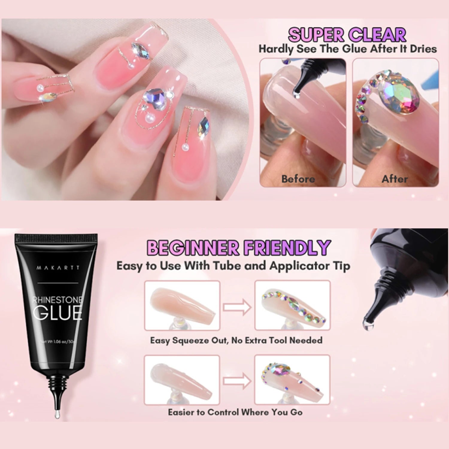 Makartt Gel de pegamento de diamantes de imitación para uñas, Gel adhesivo súper fuerte de 30g para gemas de uñas, joyas, purpurina, cuentas de cristales y diamantes