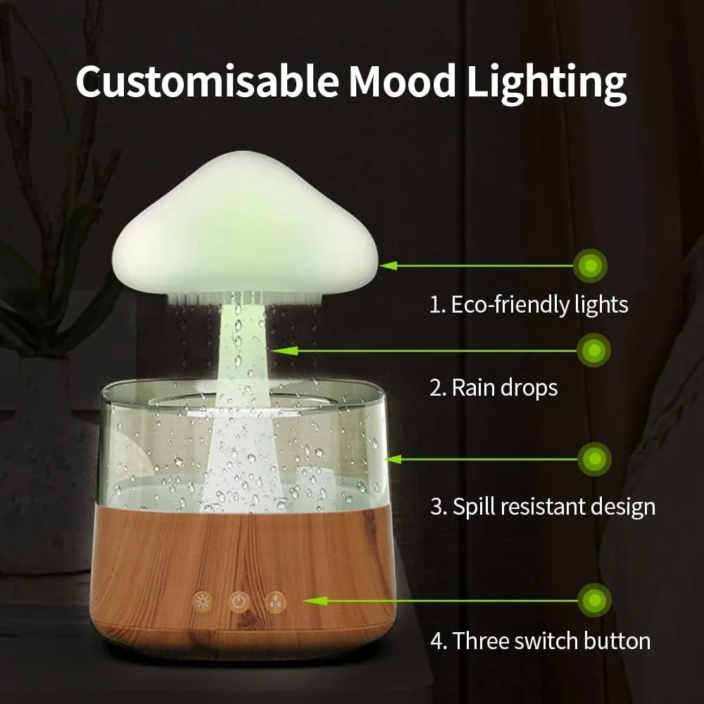 Humidificador de nube de lluvia, difusor de setas, luz nocturna con sonido de gota de lluvia, lámpara bonita, meditación relajante, regalo creativo