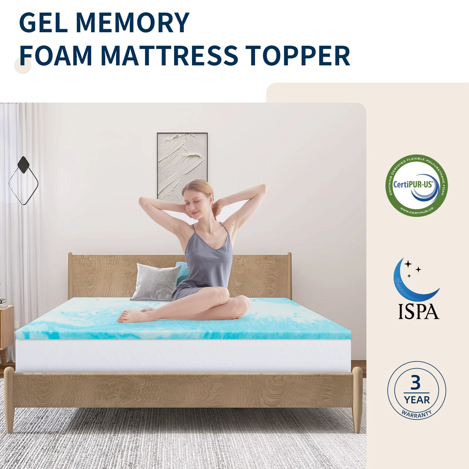 Hcore 1 PC Gel Memory Foam Mattress Topper,  Blue Mattress Pad, Soft Breathable Cooling Bedding For Bedroom, Guest Room, CertiPU