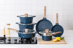 Country Kitchen Induction Cookware Sets - 13 Piece Nonstick Cast Aluminum Pots and Pans with BAKELITE Handles, Glass Lids (Navy)