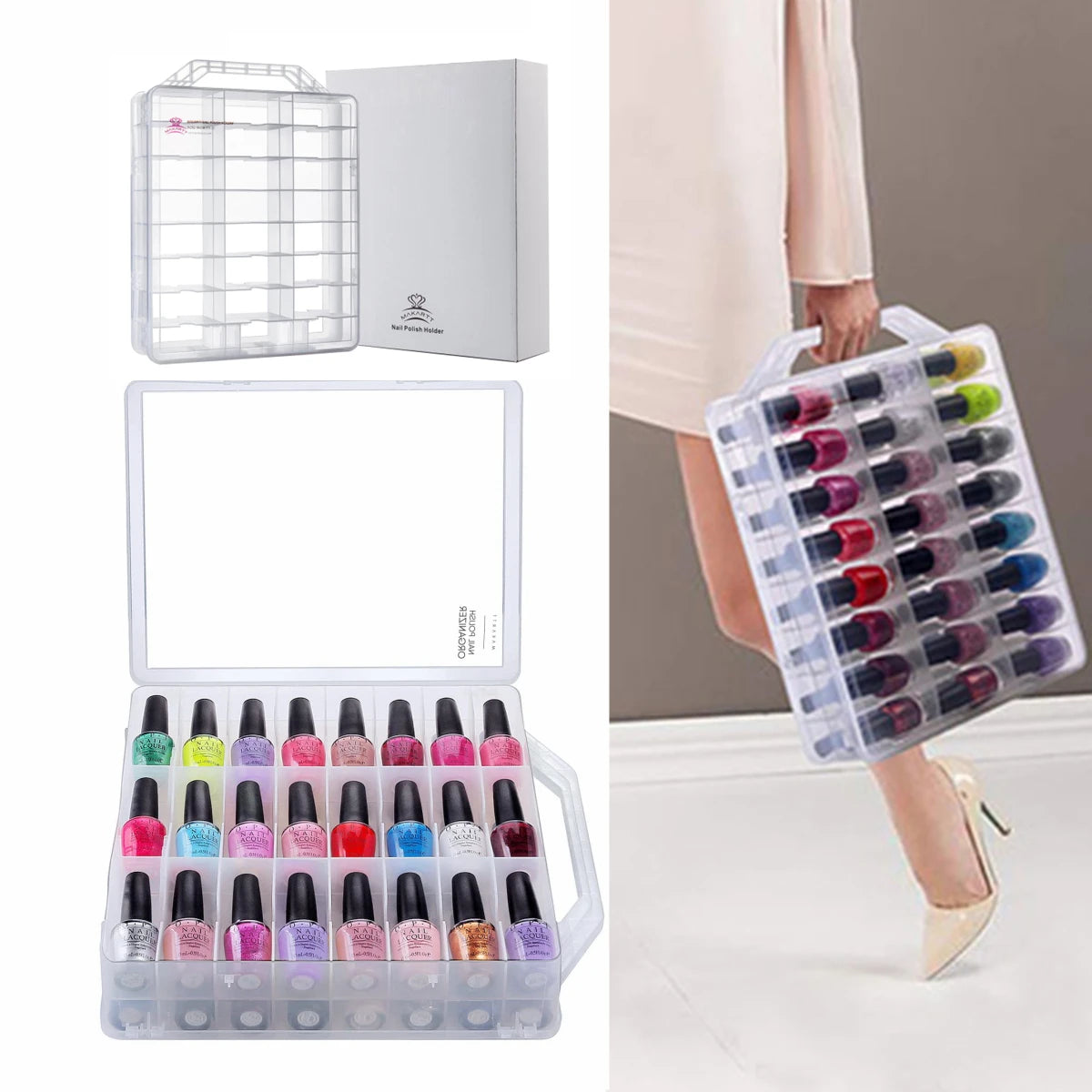 Universal Clear Nail Polish Organizer Holder for 48 Bottles with Adjustable Compartments Portable MAKARTT Nail Polish Case