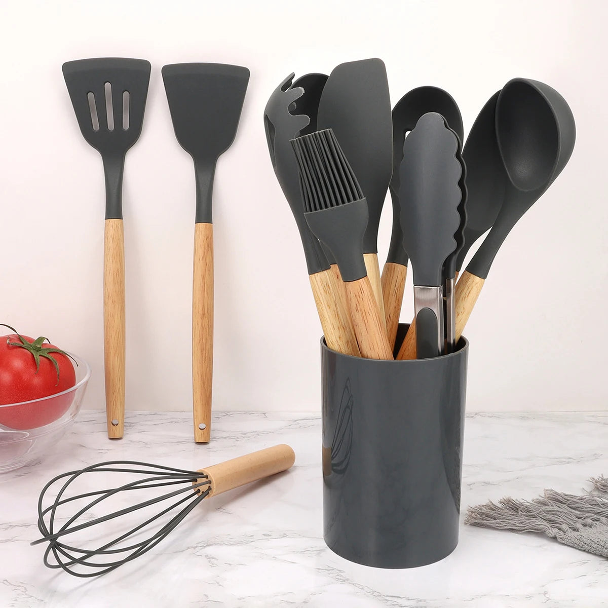 Utensilios de cocina de silicona, espátula, pala, cuchara para sopa, herramienta de cocina con cubo de almacenamiento, utensilios de cocina con mango de madera antiadherente, 12 Uds.