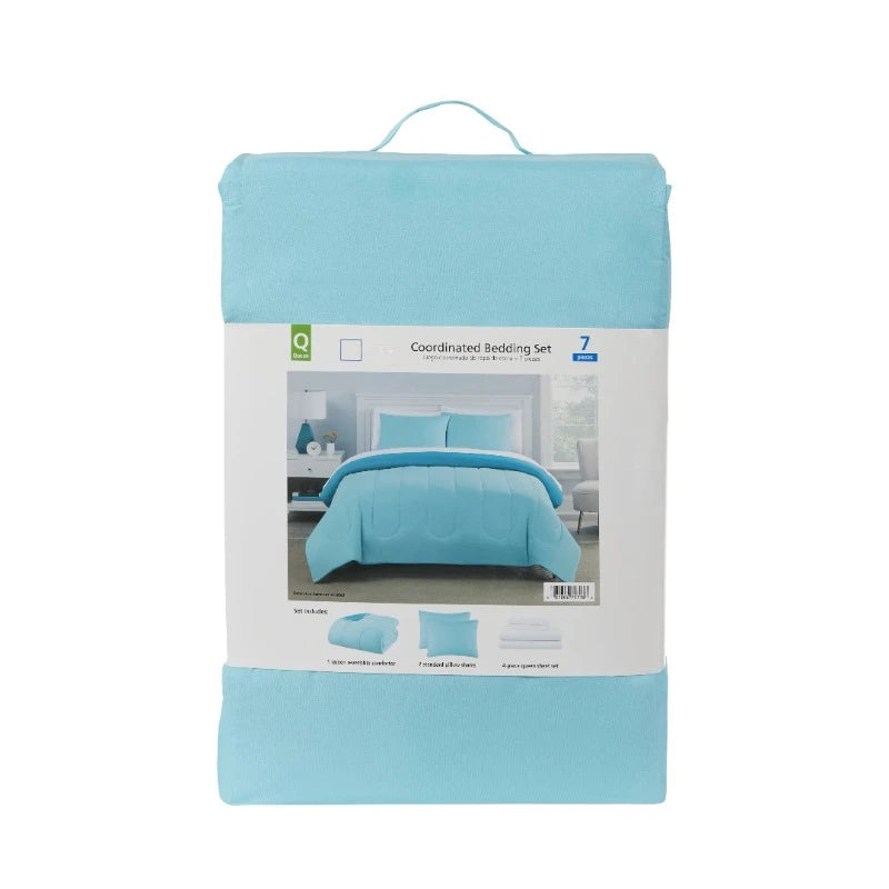 Teal Reversible 7-Piece Bed in a Bag Comforter Set with Sheets, Queen