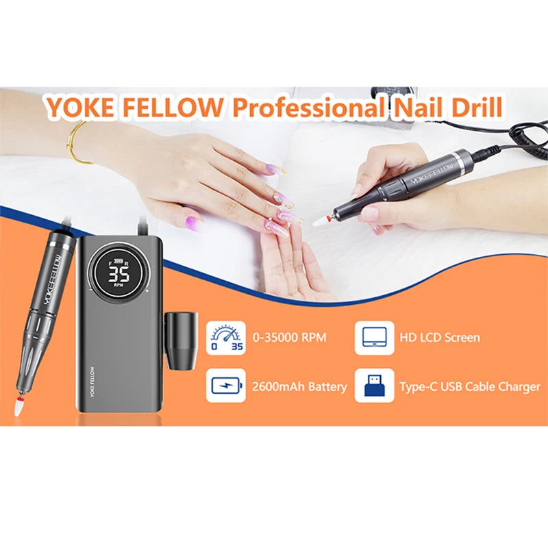 Portable Electric Nail Drill 35000RPM,Manicure Machine For Acrylic,Gel Polish Nails Sander Rechargeable Nail Art Salon Equipment